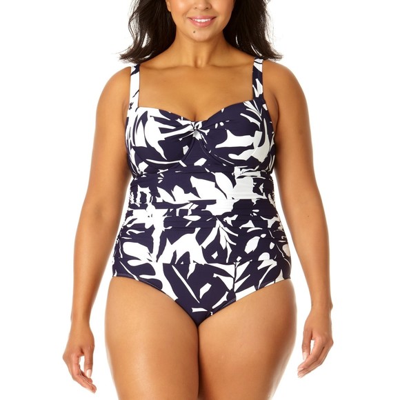 Anne Cole Plus Size Retro Twist One-Piece Navy White Swimsuit, Size 20W - Picture 1 of 8